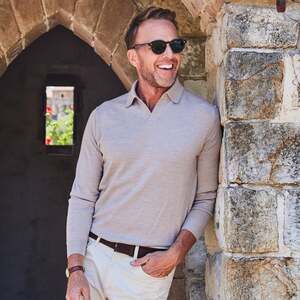 NEW COLLARS & CO. Buttonless Long Sleeve Merino Polo Oatmeal size L